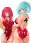  aqua_eyes aqua_hair arena_(company) ass breasts competition_swimsuit covered_nipples cowboy_shot from_behind highleg highleg_swimsuit large_breasts long_hair looking_at_viewer multiple_girls murasaki_nyaa one-piece_swimsuit original ponytail red_hair red_swimsuit simple_background swimsuit towel watermark web_address wet wet_clothes white_background yellow_towel 