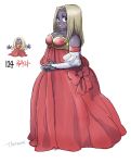  :o belly blonde_hair bow breasts curvy dark_skin dress fat hands_together highres jynx large_breasts long_hair looking_back personification plump pokemon pokemon_(game) princess_dress red_bow red_dress tamtamdi 