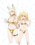  2girls absurdres ahoge alternate_costume angry animal_ears ass_visible_through_thighs bare_shoulders bikini blonde_hair blue_archive blush breasts choker clenched_hand closed_mouth commentary_request dog_ears dog_girl gold_bikini hair_ribbon halo hand_up highres kanna_(blue_archive) large_breasts long_hair looking_at_viewer micro_bikini multiple_girls navel notched_ear red_choker ribbon shiny_swimsuit short_hair skindentation small_breasts standing stomach string_bikini suecovsky swimsuit thigh_strap twintails white_background yellow_bikini yellow_halo yoshimi_(blue_archive) 