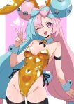  1girl ;d alternate_costume animal_ears aqua_hair bare_shoulders black_thighhighs bow-shaped_hair breasts character_hair_ornament cleavage commentary_request covered_navel fake_animal_ears fake_tail gold_leotard hair_ornament heart highres iono_(pokemon) kamidan leotard long_hair looking_at_viewer medium_breasts multicolored_hair one_eye_closed open_mouth pink_background pink_hair playboy_bunny pokemon pokemon_sv purple_eyes rabbit_ears rabbit_tail sharp_teeth smile tail teeth thighhighs thighs two-tone_background two-tone_hair upper_teeth_only v very_long_hair white_background 