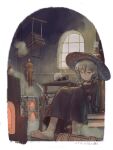  1girl absurdres barefoot bellows black_dress black_hat boiler bonta634 book border braid brick_oven bunsen_burner chemistry choker dress grey_hair hat highres indoors laboratory one_eye_closed original outside_border oven sitting smoke solo star_(symbol) star_print table white_border window witch witch_hat 