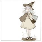  bag blush cloak closed_mouth commentary_request dress fairyapple full_body glasses grey_eyes hat long_hair long_sleeves mary_janes original russian_commentary shoes simple_background sketch socks solo white_background white_hair witch_hat 