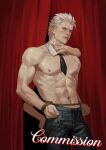  1boy 1girl abs absurdres bare_pectorals bdsm blue_eyes bondage bound closed_mouth devil_may_cry_(series) devil_may_cry_5 facial_hair hair_slicked_back highres large_pectorals lips looking_at_viewer male_focus maozhu mature_male muscular muscular_male necktie nose pectorals realistic solo topless_male upper_body vergil_(devil_may_cry) white_hair 