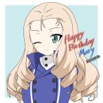  1girl ;) arms_behind_back bc_freedom_military_uniform birthday blonde_hair blue_background blue_jacket blue_vest character_name closed_mouth dated dress_shirt drill_hair girls_und_panzer green_eyes happy_birthday high_collar highres ichinose_jun jacket long_hair long_sleeves looking_at_viewer marie_(girls_und_panzer) military_uniform one_eye_closed shirt smile solo uniform vest white_shirt 