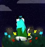  aqua_hair bottomless clothed clothing digital_media_(artwork) flower nicholas_c._corbin night pixel_(artwork) plant sitting solo star trinity_night turtleneck youtuber 