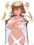  1girl anis_(nikke) breasts brown_hair cleavage collarbone cosplay covering_breasts covering_crotch covering_privates crown_(naked_king)_(nikke) crown_(naked_king)_(nikke)_(cosplay) disembodied_limb fukuya_art hand_on_own_arm highres large_breasts light_censor naked_robe navel open_clothes open_robe projected_inset robe sparkle_hair_ornament yellow_eyes 