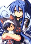  1girl akane_kazami animal_hood black_hair blue_hair cat_hood commission dated double-parted_bangs eiyuu_densetsu hair_between_eyes highres holding holding_stuffed_toy hood laura_s._arseid long_hair mishy ponytail rean_schwarzer sen_no_kiseki sen_no_kiseki_iii sidelocks signature simple_background skeb_commission smile stuffed_toy white_background yellow_eyes 