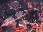  1girl absurdres arknights bare_shoulders black_dress black_jacket black_thighhighs breasts cleavage closed_mouth commentary_request demon_girl demon_horns dress feet_out_of_frame flaming_sword flaming_weapon hair_between_eyes highres holding holding_sword holding_weapon horns jacket large_breasts lava legs_together long_hair looking_at_viewer off_shoulder open_clothes open_jacket poni_(poni_arknights) purple_eyes red_hair red_horns solo spikes surtr_(arknights) sword thighhighs weapon 