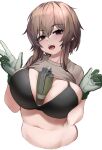  1girl between_breasts black_bra black_eyes blush bra breasts brown_hair commentary cropped_torso explosive gloves green_gloves grenade hair_between_eyes highres karinn_(ka941) large_breasts looking_at_viewer navel nine_(kanine41) open_mouth original simple_background smoke_grenade solo symbol-only_commentary teeth tongue underwear upper_body upper_teeth_only w white_background 