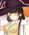  absurdres artist_request black_legwear commentary girls_frontline halloween_costume hat highlights highres jack-o'-lantern long_hair multicolored_hair one_eye_closed ro635_(girls_frontline) solo sweater_vest white_hair witch_hat yellow_eyes 