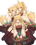  3girls absurdres animal_ear_fluff animal_ears arknights aunt_and_niece bead_necklace beads blemishine_(arknights) blonde_hair blue_eyes boots ev-oo floral_print golden_eyes highres horse_ears horse_girl horse_tail jewelry long_hair looking_at_viewer multiple_girls nearl_(arknights) necklace polish_clothes siblings sisters smile tail whislash_(arknights) 