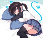  1girl aqua_eyes black_hair black_shirt black_thighhighs blue_skirt blush breasts commentary_request grey_panties hair_between_eyes hugging_object large_breasts long_hair long_sleeves looking_at_viewer lying miniskirt mole mole_under_eye null_(nyanpyoun) on_bed on_side original panties pillow pillow_hug ponytail shirt skirt solo thighhighs two-tone_shirt underwear white_shirt 