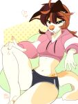 2024 5_fingers anthro blush bottomwear breasts brown_eyes brown_hair canid canine canis clothed clothing countershade_torso countershading cropped_hoodie danika_(wolflady) domestic_dog ear_piercing female fingers fully_clothed fur hair hand_on_knee hand_on_leg hand_on_own_knee hand_on_own_leg hoodie mammal multicolored_hair navel orange_hair pants piercing simple_background sitting solo tail tan_body tan_fur topwear wolflady