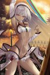  absurdres altera_(fate) armpits bangs bare_shoulders battlefield black_nails blunt_bangs breasts choker closed_mouth cloud collarbone dark_skin day detached_sleeves earmuffs eyebrows_visible_through_hair fate/extella fate/extra fate_(series) fighting_stance full_body_tattoo headdress highres holding holding_sword holding_weapon jewelry legs light_rays midriff multicolored multicolored_sky nail_polish navel nekobell photon_ray polearm red_eyes revealing_clothes short_hair showgirl_skirt skirt sky small_breasts solo stomach sword tan tattoo thighs veil weapon white_hair white_skirt 