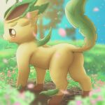  1:1 absurd_res ambiguous_gender blurred_background blush butt eeveelution feral fur generation_4_pokemon hi_res lakryu leafeon looking_at_viewer looking_back looking_back_at_viewer nintendo petals plant pokemon pokemon_(species) raised_tail solo tail tree yellow_body yellow_fur 