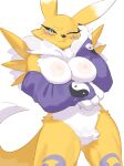  1girl animal_ears animal_nose black_sclera blue_eyes body_fur breasts colored_sclera detached_sleeves digimon digimon_(creature) furry furry_female highres kame_(3t) large_breasts looking_at_viewer nipples nude one_eye_closed purple_sleeves renamon simple_background solo standing white_background white_fur yin_yang 