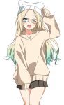  1girl ;d alternate_costume aqua_hair arm_up beanie black_skirt blonde_hair blue_eyes blush brown-framed_eyewear brown_hoodie commentary cowboy_shot djpwjd1 fang glasses gradient_hair hair_down hair_ornament hairclip hat highres hood hoodie link!_like!_love_live! long_hair looking_at_viewer love_live! miniskirt multicolored_hair official_alternate_hairstyle one_eye_closed open_mouth osawa_rurino parted_bangs pleated_skirt simple_background skirt sleeves_past_wrists smile solo virtual_youtuber white_background white_hat 