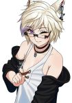  ;) animal_ears black-framed_eyewear black_jacket blonde_hair breasts carlo_montie commission final_fantasy final_fantasy_xiv glasses hair_ornament jacket jewelry miqo'te multicolored_hair necklace one_eye_closed purple_eyes short_hair small_breasts smile solo streaked_hair upper_body 