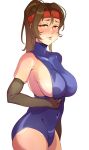  0regano 1girl alternate_breast_size bandana blue_leotard blush breasts brown_eyes brown_hair covered_navel elbow_gloves final_fantasy final_fantasy_vii final_fantasy_vii_remake gloves half-closed_eyes headband highres jessie_rasberry large_breasts leotard looking_to_the_side navel ponytail seductive sideboob skin_tight smile solo sweat sweatdrop thighs white_background wide_hips 