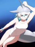  1girl alternate_costume bare_legs bare_shoulders blowhole blue_eyes blue_hair bracelet cetacean_tail common_bottlenose_dolphin_(kemono_friends) dolphin_girl dorsal_fin fins fish_tail grey_hair hair_between_eyes highres jewelry kemono_friends looking_at_viewer multicolored_hair one-piece_swimsuit rest_in_muni sidelocks sleeveless solo swimsuit tail underwater white_hair white_one-piece_swimsuit 