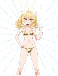  1girl absurdres ahoge angry ass_visible_through_thighs bare_arms bare_shoulders bikini blonde_hair blue_archive blush breasts clenched_hand gold_bikini groin hand_on_own_hip highres long_hair looking_at_viewer navel solo standing stomach string_bikini suecovsky swimsuit white_background yellow_bikini yoshimi_(blue_archive) 
