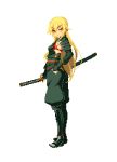  ashikaga_chachamaru blonde_hair dh_ead eyebrows_visible_through_hair full_body holding holding_weapon katana long_hair lowres pixel_art red_eyes scabbard sheath soukou_akki_muramasa sword transparent_background weapon 