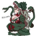  1girl alternate_costume biollante breasts character_name cleavage dress flower godzilla_(series) green_dress green_hair green_hat hat high_ponytail highres looking_at_viewer monster_girl okamura_(okamura086) personification plant plant_girl red_eyes red_flower red_rose rose sharp_teeth simple_background smile solo teeth vines wavy_hair white_background 