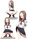  1girl absurdres anus anus_peek ass bar_censor black_footwear black_sailor_collar black_socks blue_skirt blush brown_eyes brown_hair censored clothes_lift forehead full_body groin highres karakai_jouzu_no_takagi-san kneehighs lifted_by_self loafers long_hair looking_at_viewer looking_back miniskirt multiple_views neckerchief no_panties open_mouth panties parted_bangs pasongsong pleated_skirt pussy red_neckerchief sailor_collar shirt shoes simple_background skirt skirt_lift socks spread_legs squatting straight_hair string_panties sweat takagi-san thighs thong tongue tongue_out underwear white_background white_panties white_shirt 