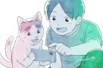  2boys :d cat cellphone child family highres holding holding_phone matsuri6373 multiple_boys nekomata ooishi_buchio ooishi_takumi phone shirt smartphone smile t-shirt tonari_no_youkai-san white_background 