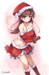  1girl alternate_costume blush boots breasts brown_eyes brown_hair christmas closed_mouth elbow_gloves eyebrows_visible_through_hair gloves gradient gradient_background hat heart highres kantai_collection large_breasts long_hair looking_at_viewer ooi_(kantai_collection) red_skirt santa_boots santa_costume santa_gloves santa_hat skirt solo soramuko 