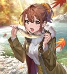  autumn autumn_leaves brown_eyes brown_hair coat falling_leaves fish forest fur_trim leaf looking_at_viewer nature open_clothes open_mouth original outdoors pond ponytail ribbed_sweater scrunchie solo sweater teffish 