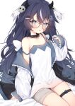  1girl bare_shoulders bed_sheet belt_collar black-framed_eyewear black_collar black_hair blue_eyes blush camisole collar demon_horns eip_(pepai) glasses hair_ornament hairclip highres horns indie_virtual_youtuber jacket long_hair long_sleeves looking_at_viewer multicolored_hair open_clothes open_jacket round_eyewear simple_background sitting skull_hair_ornament sleeves_past_wrists solo spaghetti_strap strap_slip streaked_hair tenshi_mishie thigh_strap two-tone_hair virtual_youtuber white_background white_camisole white_hair white_jacket 