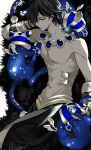  1boy abs cat closed_eyes collarbone earrings fate/grand_order fate_(series) greyscale hair_between_eyes jewelry looking_at_viewer male_focus monochrome navel necklace ozymandias_(fate) pawpads pectorals short_hair spot_color toned toned_male topless_male wrist_guards zmore 