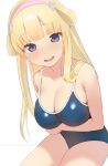  1girl bare_shoulders blonde_hair blue_one-piece_swimsuit blush breasts cleavage collarbone covered_navel cowboy_shot double_bun fletcher_(kancolle) hair_bun kantai_collection large_breasts long_hair looking_at_viewer one-piece_swimsuit purple_eyes sakieko simple_background smile solo swimsuit white_background 