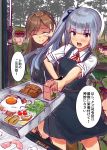  4boys apron arashio_(kantai_collection) black_apron bread brown_eyes brown_hair closed_eyes commentary_request crime_prevention_buzzer dress food grey_hair ichikawa_feesu juice_box kantai_collection kasumi_(kantai_collection) long_hair multiple_boys multiple_girls pinafore_dress remodel_(kantai_collection) side_ponytail sleeveless sleeveless_dress sleeves_rolled_up sunny_side_up_egg translation_request tray work_in_progress 