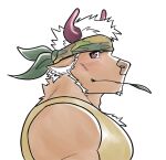 accessory anthro bovid bovine brown_body brown_fur cattle clothing fur hair headband horn lifewonders male mammal muscular pecs purple_eyes shennong_(tas) shirt side_view simple_background solo straw_in_mouth tank_top tokyo_afterschool_summoners topwear white_background white_hair wolfmanwilk