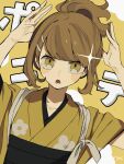  1girl blush_stickers brown_hair floral_print_kimono hair_ornament hairclip hands_up highres japanese_clothes kimono looking_at_viewer maco22 obi open_mouth original ponytail sash solo tasuki yellow_background yellow_eyes 