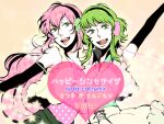  2girls blue_eyes elbow_gloves gloves green_eyes green_hair gumi happy_synthesizer_(vocaloid) headphones headset heart kiki_(kikiloid) long_hair megurine_luka multiple_girls open_mouth pink_hair short_hair skirt smile song_name striped_clothes thighhighs translation_request 
