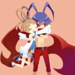  1boy 1girl angel angel_wings antenna_hair belt black_gloves bloomers blue_hair bow-shaped_hair brother_and_sister closed_eyes crossed_arms demon_boy detached_sleeves disgaea disgaea_d2 feathered_wings fingerless_gloves ginta_(tourabu) gloves hug laharl navel open_mouth pants red_eyes red_pants red_scarf sandals scarf scarf_over_mouth siblings sicily_(disgaea) simple_background smile wings 