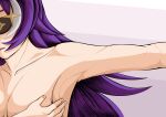  1girl absurdres armpits chevreuse_(genshin_impact) collarbone commentary covering_breasts covering_privates eyepatch genshin_impact highres long_hair multicolored_hair nude parted_lips purple_hair roomie solo upper_body very_long_hair white_hair 