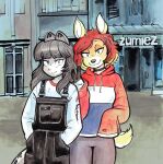 :3 anthro bangs biped blonde_hair bottomwear clothed clothing crossgender deer domestic_cat duo eyelashes fan_character felid feline felis female fur garfield_(series) grey_body grey_fur grey_hair hair hand_in_pocket hi_res hoodie mammal mtf_crossgender nermal_(garfield) nervana_(remy_boydell) orange_body orange_fur outside overalls painting_(artwork) pants pockets red_hair remy_boydell shirt smile standing store tail topwear traditional_media_(artwork) trans_(lore) trans_woman_(lore) watercolor_(artwork) zumiez