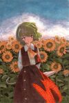  1girl arms_behind_back ascot brown_eyes field flower flower_field green_eyes highres holding holding_umbrella jacket kazami_yuuka long_skirt looking_to_the_side red_jacket red_skirt shiratama_(hockey) shirt skirt solo sunflower sunflower_field touhou umbrella white_shirt yellow_ascot 