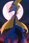  absurd_res ambiguous_gender anthro blue_body frill_(anatomy) full_moon generation_8_pokemon gigantamax_inteleon gigantamax_pokemon glistening glistening_eyes head_crest head_frill hi_res long_tail looking_at_viewer moon nintendo open_mouth pokemon pokemon_(species) red_eyes solo tail watermark yellow_body zymonasyh 
