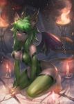  2018 5_fingers anthro blue_eyes breasts cat cleavage cleavage_cutout clothed clothing demon detailed_background digital_media_(artwork) eyelashes feline female fur green_hair grey_fur hair kardie kneeling mammal membranous_wings nipple_bulge solo wings 