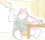  2018 anthro canine clothing dog drinks fur humanoid_hands male mammal overweight overweight_male pink_fur shirt shorts sitting solo tank_top tiger_cub 