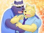  2015 anthro canine clothing duo eyes_closed hug humanoid_hands male mammal overweight overweight_male shirt simple_background tiger_cub 