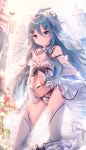  absurdres ass_visible_through_thighs bangs blurry blurry_background blush breasts bridal_veil choker cityscape cleavage collarbone commentary_request dress elbow_gloves flower gloves green_hair groin hair_between_eyes hair_ornament hair_ribbon hairclip highres jiang_xin kantai_collection kneeling long_hair looking_at_viewer messy_hair navel open_mouth outdoors panties panty_tug ponytail ribbon rose sidelocks skirt skirt_removed solo stomach strap_slip thighhighs thighs underwear veil wedding wedding_dress white_flower white_legwear white_panties white_rose yamakaze_(kantai_collection) 