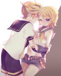  1girl aoi_choko_(aoichoco) bare_shoulders belt blonde_hair blue_eyes blush bow bow_panties breasts brother_and_sister cleavage detached_sleeves embarrassed hair_ornament hairclip highres incest kagamine_len kagamine_rin leaning_forward navel necktie nervous one_eye_closed open_clothes open_mouth open_shorts panties sailor_collar sexually_suggestive shirt shirt_lift short_hair short_ponytail shorts siblings small_breasts twincest twins underwear vocaloid wall_slam 