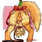  2015 4_fingers :3 anthro anus backsack balls biped blep blonde_hair brown_balls brown_fur brown_penis butt butt_grab cat claws collar curly_hair digital_media_(artwork) digital_painting_(artwork) digitigrade dipstick_ears dipstick_tail erection feline fluffy fluffy_tail full-length_portrait fur glans green_eyes guwu hair half-closed_eyes hand_on_butt holding_butt humanoid_penis leaning leaning_forward leash leg_tuft looking_at_viewer looking_through_legs low_res male mammal markings mistletoe multicolored_fur multicolored_tail muzzle_(marking) naked_collar nude penis perineum petplay pink_anus pink_background pink_glans pink_tongue plant portrait presenting presenting_anus presenting_hindquarters puffy_anus raised_tail rear_view ribbons roleplay short_hair signature simple_background smile socks_(marking) soft_shading solo sonny_(guwu) spread_anus spread_butt spreading standing tongue tongue_out tuft two_tone_fur white_background yellow_fur 