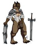  2018 alpha_channel anthro ar&#039;kal_(viggs) armor bottomless bulge canine clothed clothing digital_media_(artwork) dungeons_&amp;_dragons fur gnoll hair hi_res horn humanoid_penis male mammal melee_weapon muscular nude penis pubes shield shirt simple_background smile solo standing standing_tough sword teeth transparent_background weapon 